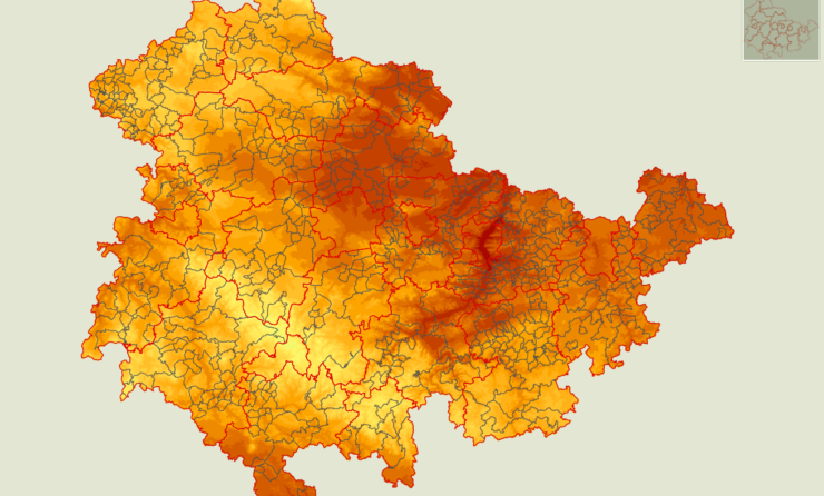 Entwicklung der Wärmebelastung in Thüringen in den nächsten Jahrzehnten (im Bild: Thüringen-Karte)