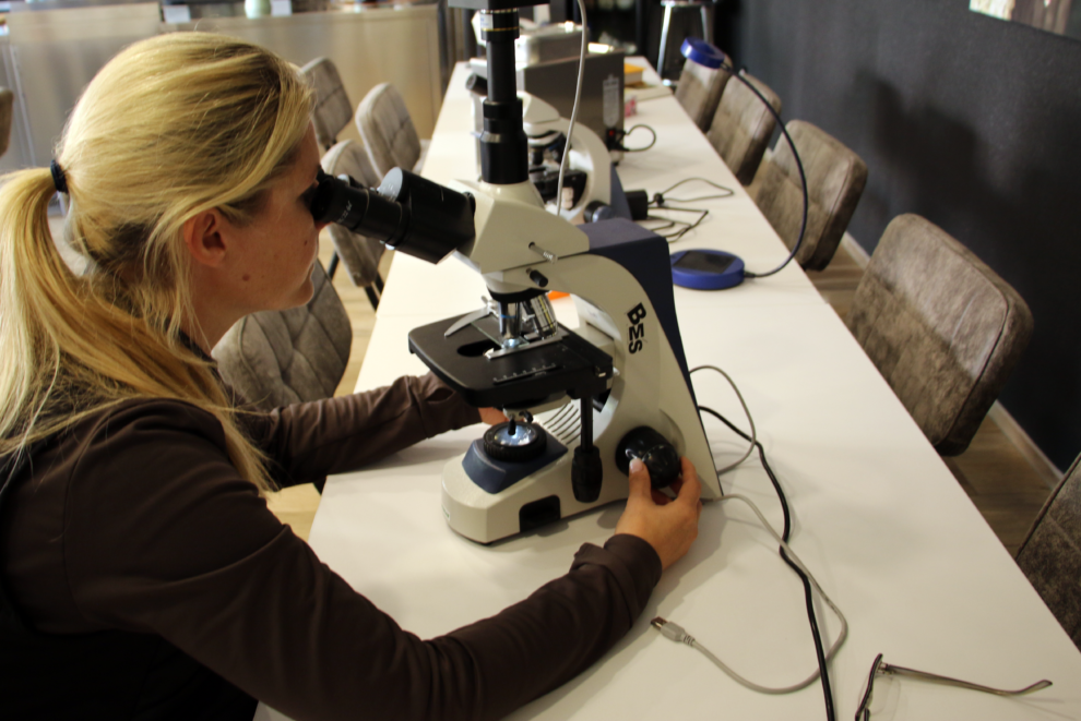 Anja Kolbe-Nelde überprüft den Reifegrad und die Trüffelart (im Bild: Frau am Mikroskop)